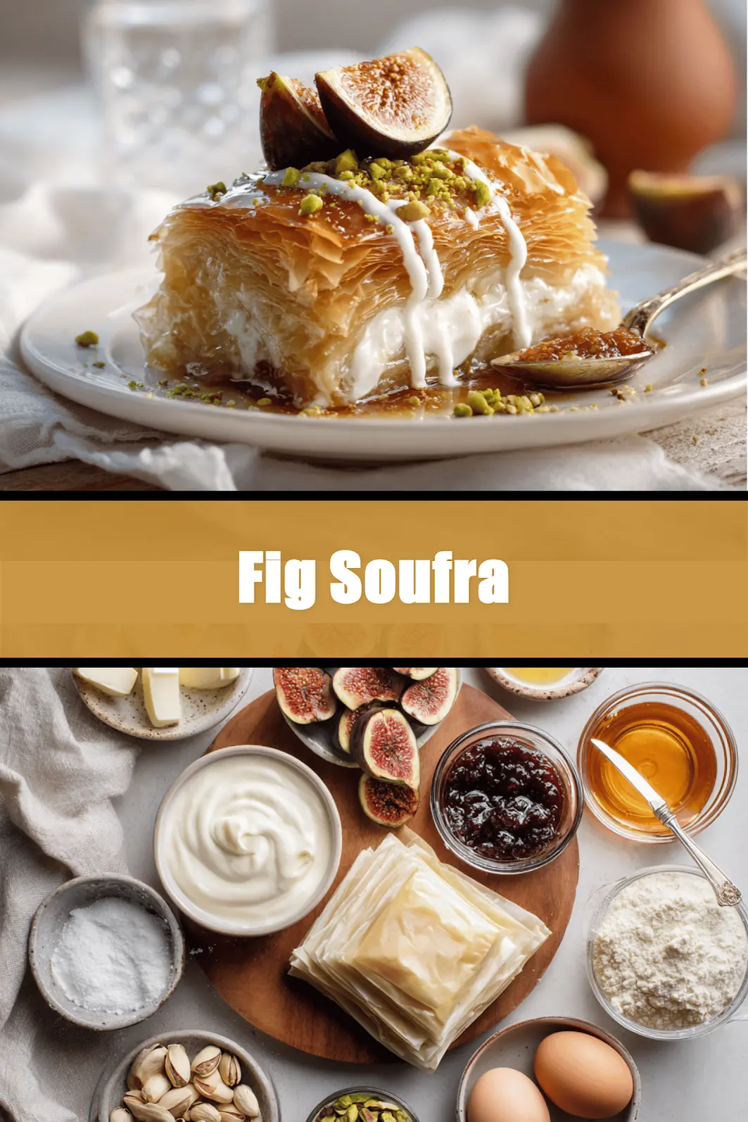 Fig Soufra plated with fresh figs, pistachios, honey glaze, creamy white sauce, warm tones_pin