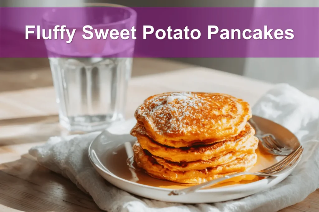 Fluffy Sweet Potato Pancakes stacked with melted butter and syrup on white napkin beside clear water glass