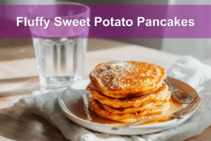 Fluffy Sweet Potato Pancakes stacked with melted butter and syrup on white napkin beside clear water glass
