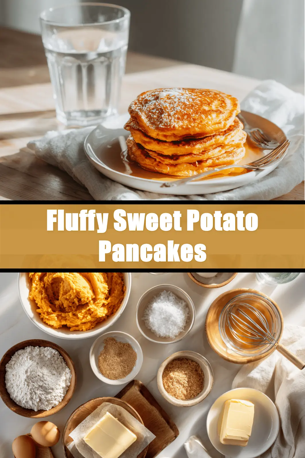 Fluffy Sweet Potato Pancakes stacked with melted butter and syrup on white napkin beside clear water glass_pin