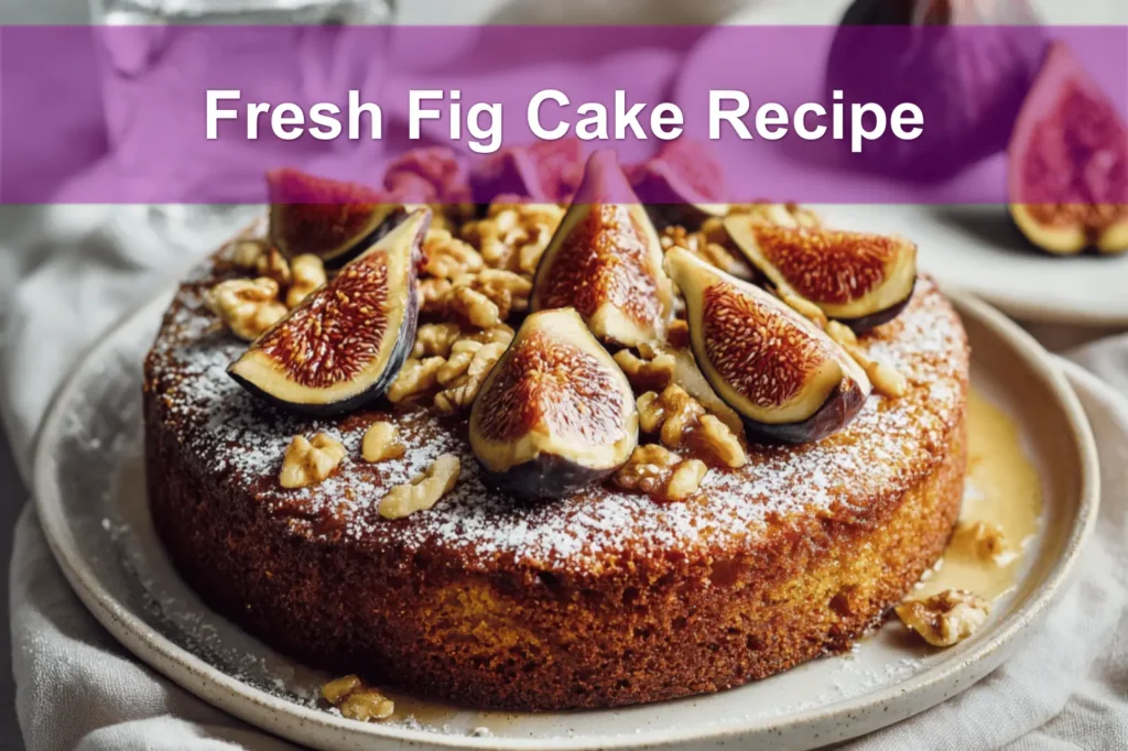 Fresh Fig Cake Recipe topped with sliced figs and powdered sugar, warm golden crumb