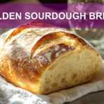 GOLDEN SOURDOUGH BREAD with open crumb and golden crust on white cloth beside glass of water