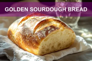 Golden Sourdough Bread: Easy and Irresistible Recipe GOLDEN SOURDOUGH BREAD with open crumb and golden crust on white cloth beside glass of water