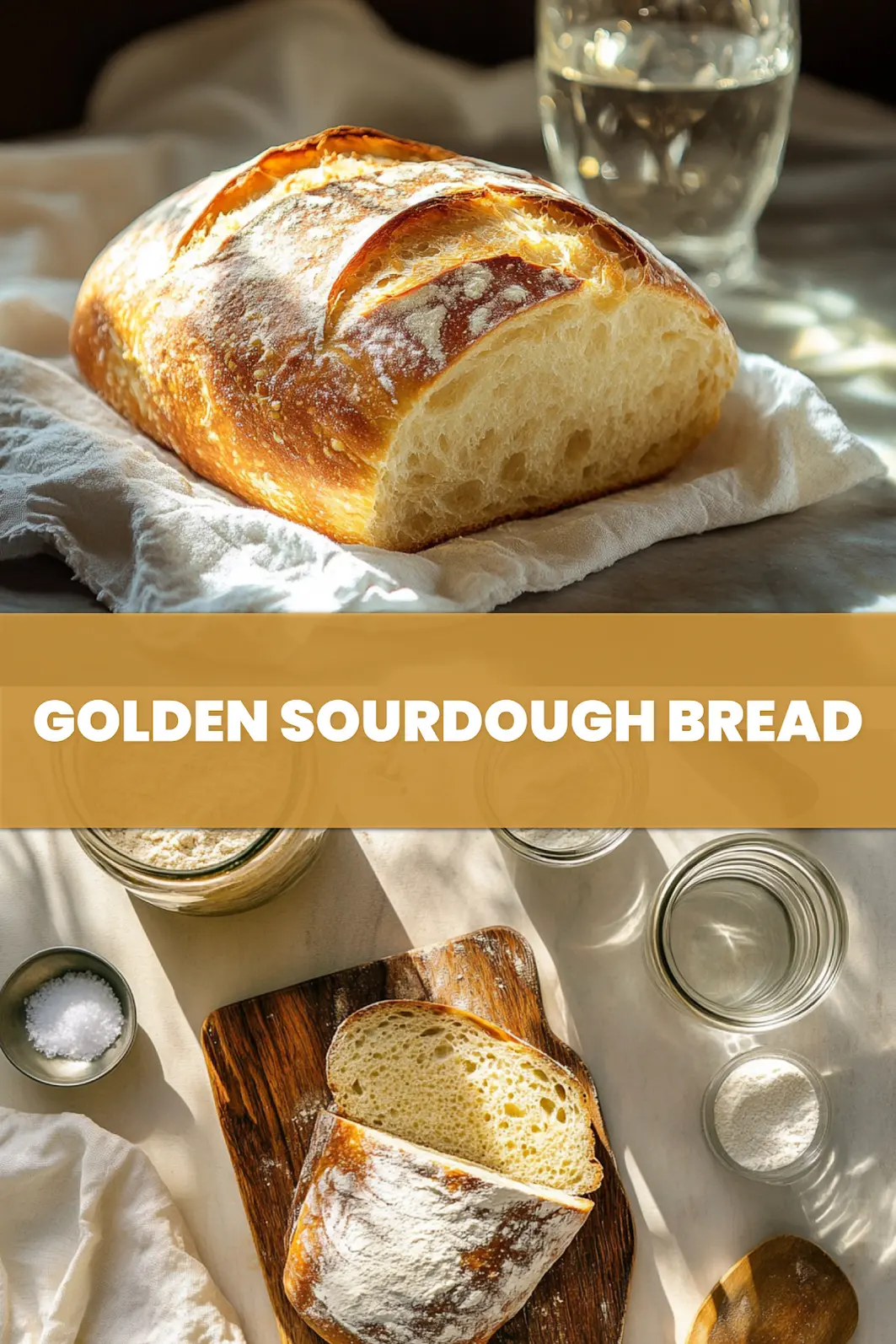 Golden Sourdough Bread: Easy and Irresistible Recipe 6 GOLDEN SOURDOUGH BREAD with open crumb and golden crust on white cloth beside glass of water_pin