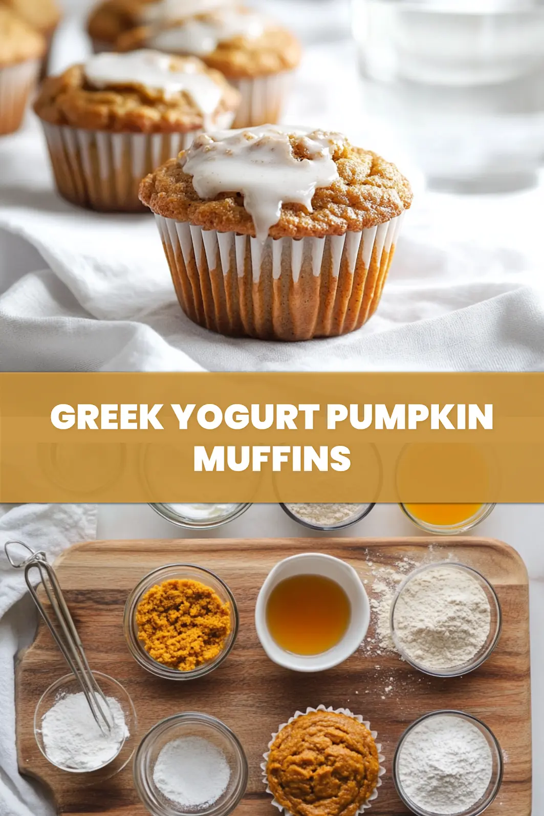 GREEK YOGURT PUMPKIN MUFFINS warm homemade muffins on white napkin with glass of water_pin