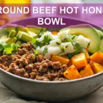 GROUND BEEF HOT HONEY BOWL eye level plated bowl with roasted sweet potatoes avocado soft white cheese
