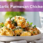 Garlic Parmesan Chicken plated with golden crust fresh herbs and grated cheese on white napkin