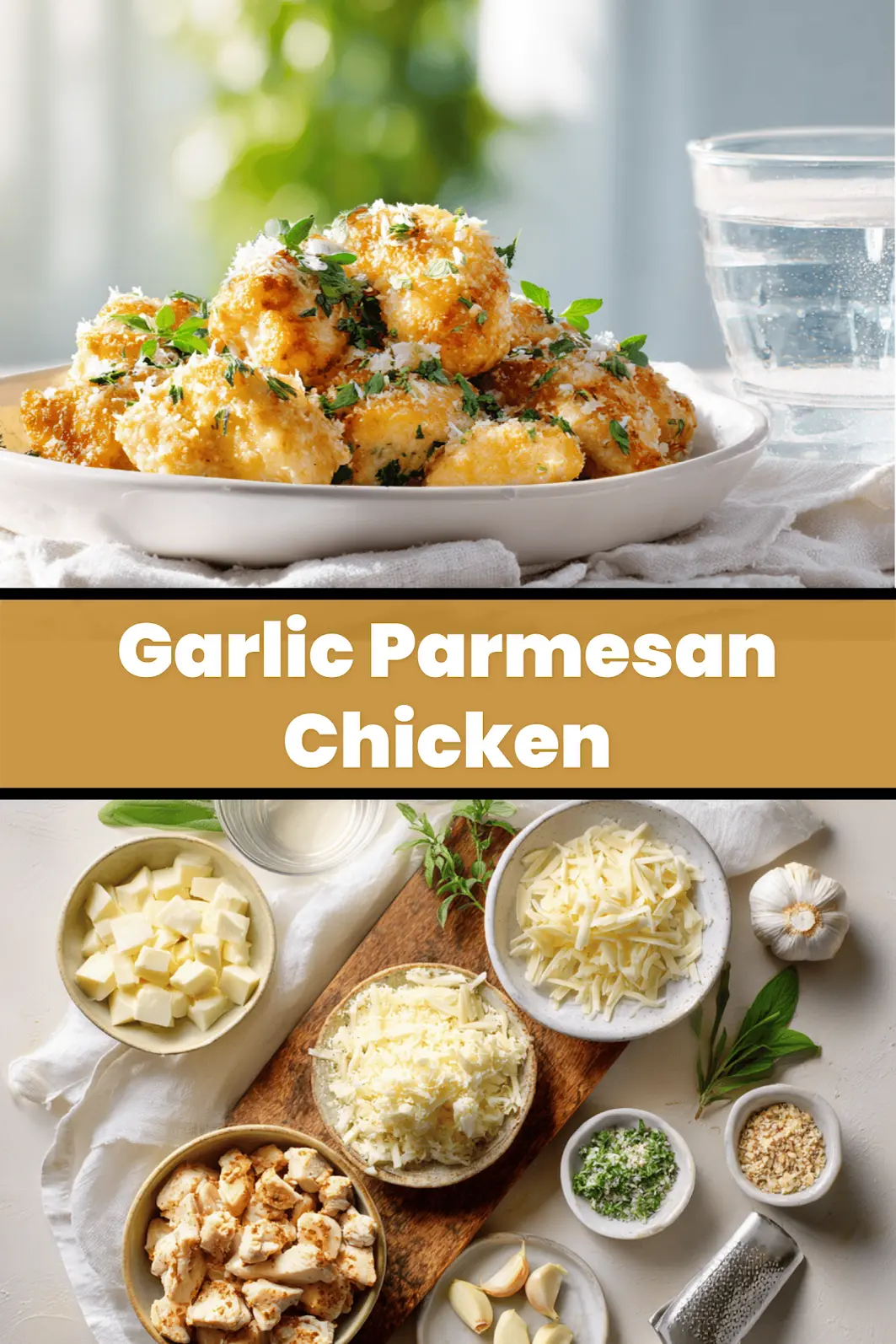 Garlic Parmesan Chicken plated with golden crust fresh herbs and grated cheese on white napkin_pin