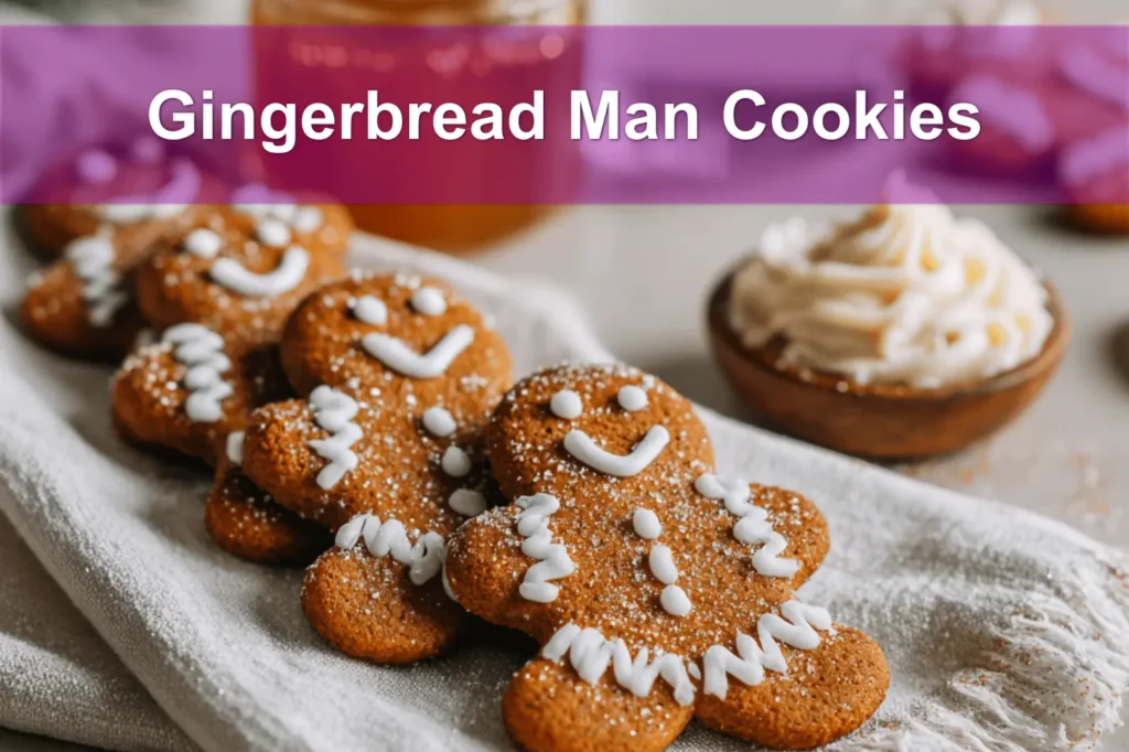 Gingerbread Man Cookies on white cloth with water glass warm festive close up