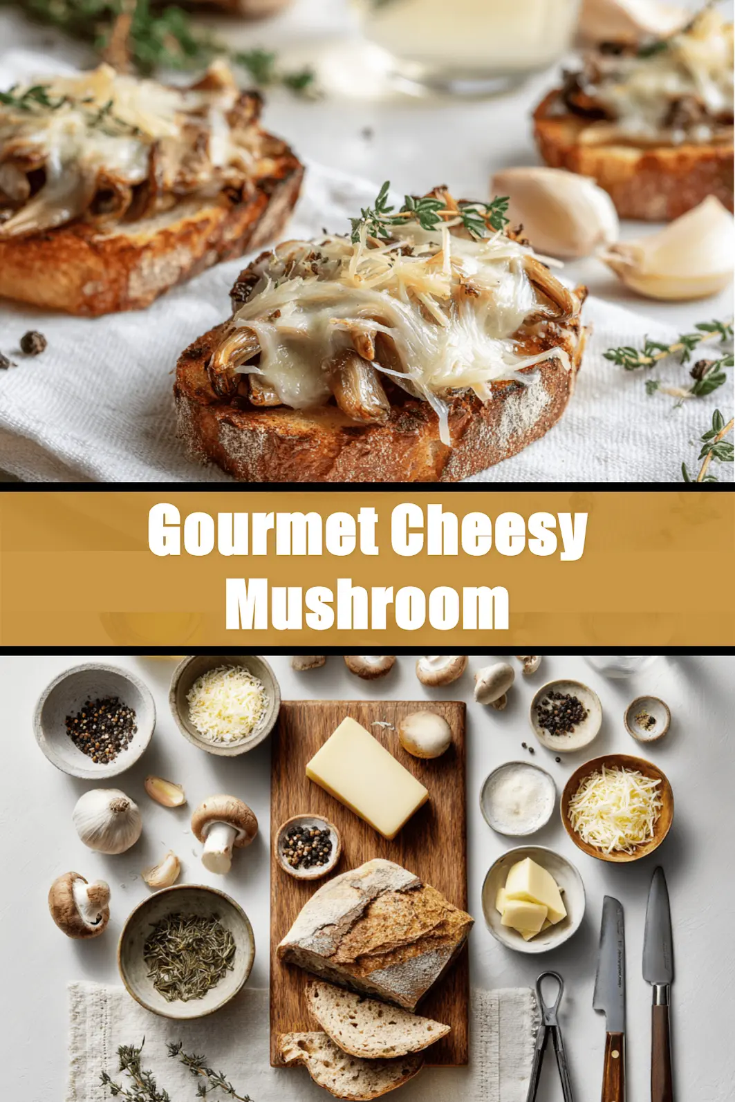 Gourmet Cheesy Mushroom: 5 Irresistible Recipes 6 Gourmet Cheesy Mushroom crostini with melted cheese thyme and olive oil on sourdough_pin