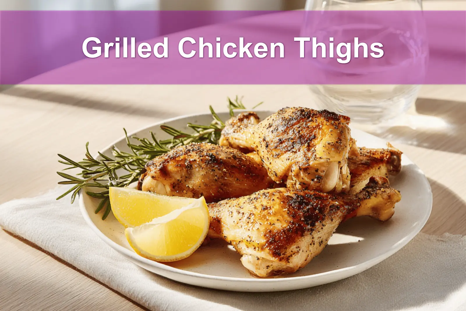 Grilled Chicken Thighs on white napkin with clear water glass warm natural light