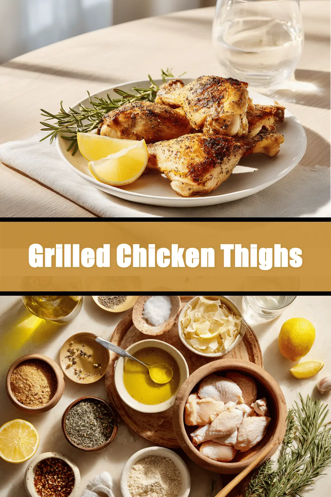 Grilled Chicken Thighs: Easy and Irresistible Recipe 6 Grilled Chicken Thighs on white napkin with clear water glass warm natural light_pin