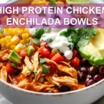 HIGH PROTEIN CHICKEN ENCHILADA BOWLS finished bowl with cottage cheese shredded chicken avocado melted cheese