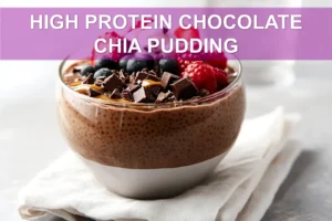 High Protein Chocolate Chia Pudding: Easy Irresistible Treat HIGH PROTEIN CHOCOLATE CHIA PUDDING in a jar topped with berries cacao nibs and coconut whip