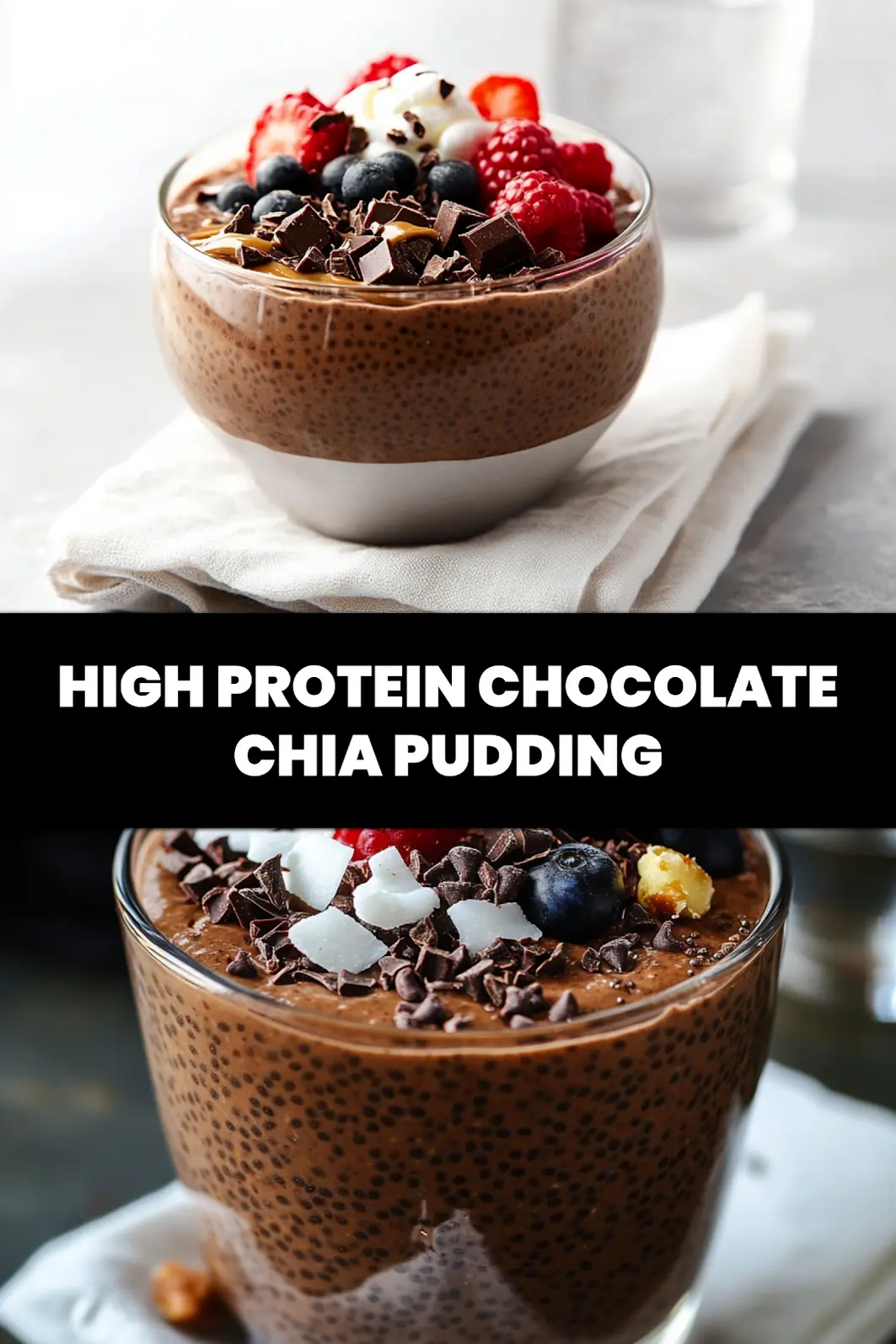High Protein Chocolate Chia Pudding: Easy Irresistible Treat 6 HIGH PROTEIN CHOCOLATE CHIA PUDDING in a jar topped with berries cacao nibs and coconut whip_pin