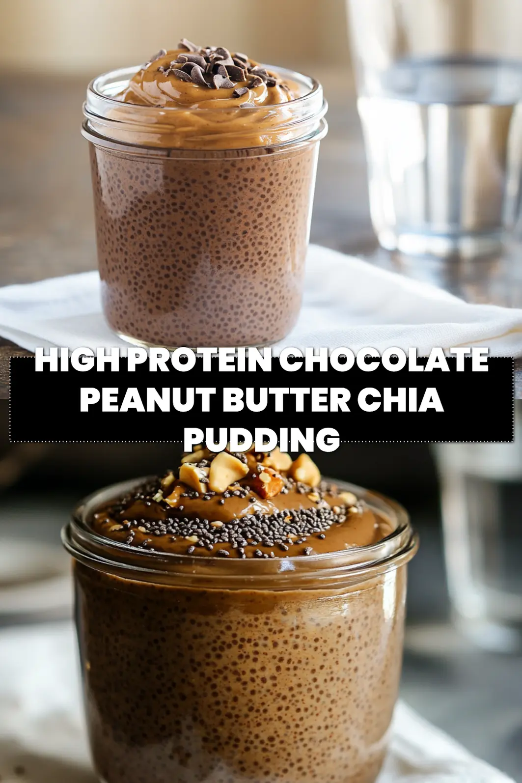High-Protein, Chocolate Peanut Butter Chia Pudding: Simple Delicious Recipe 6 HIGH PROTEIN CHOCOLATE PEANUT BUTTER CHIA PUDDING creamy layered pudding in glass jar warm tones_pin
