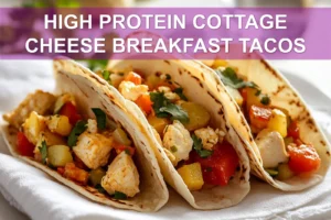 HIGH PROTEIN COTTAGE CHEESE BREAKFAST TACOS plated warmly with chicken pieces mixed vegetables and potatoes