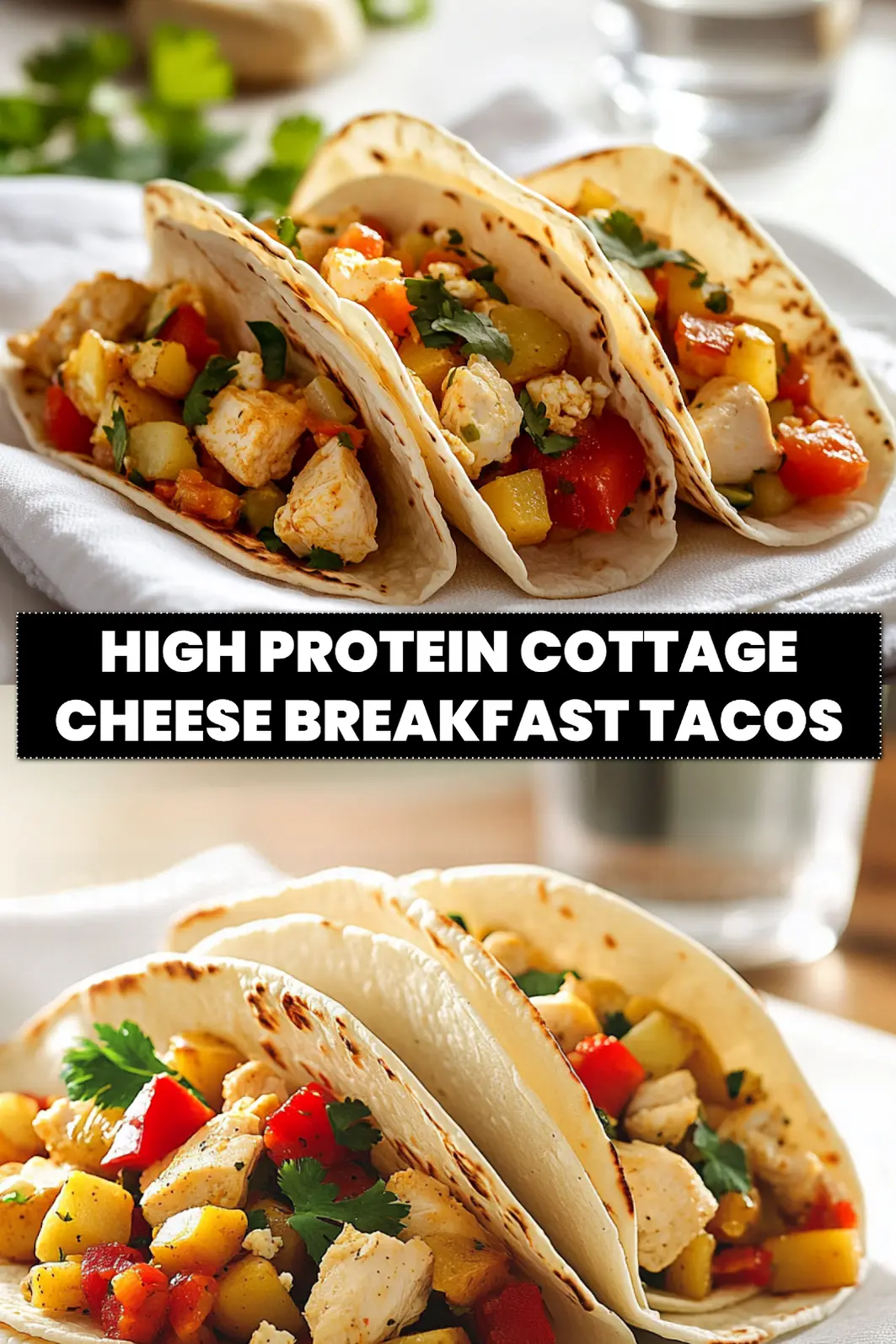 High Protein Cottage Cheese Breakfast Tacos: Irresistibly Easy 6 HIGH PROTEIN COTTAGE CHEESE BREAKFAST TACOS plated warmly with chicken pieces mixed vegetables and potatoes_pin