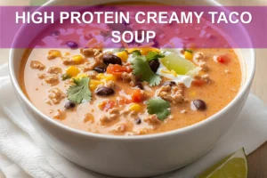 HIGH PROTEIN CREAMY TACO SOUP in bowl with herbs lime wedges and melted cheese