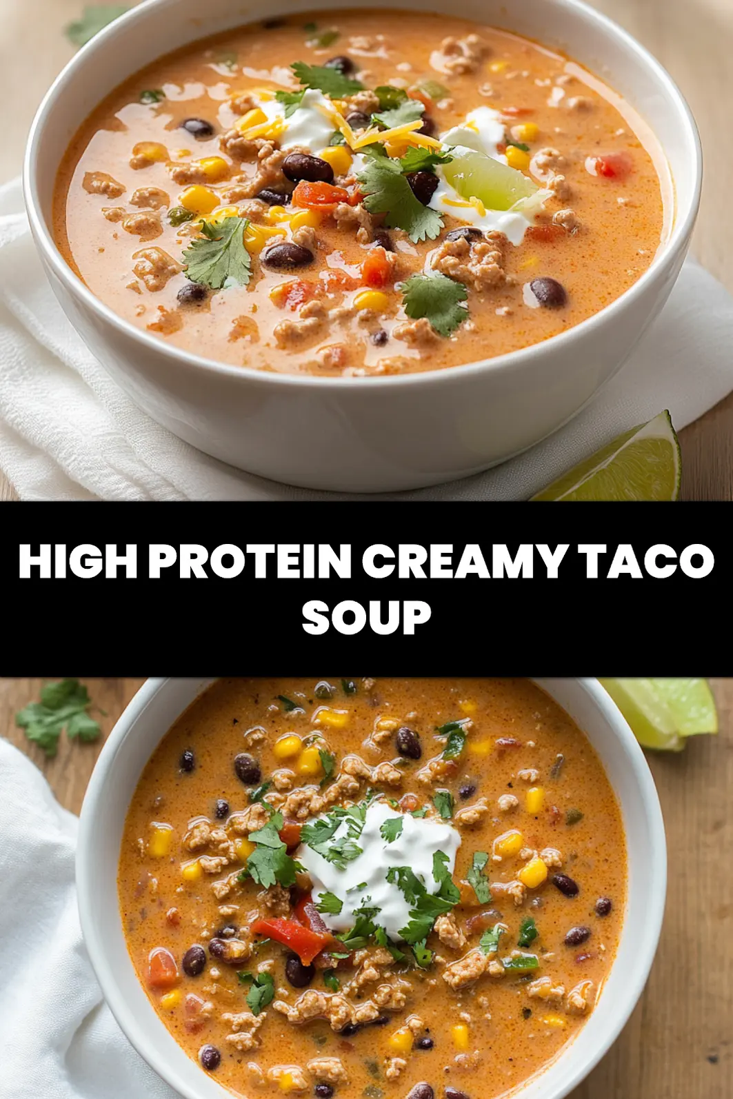 High Protein Creamy Taco Soup: Easy and Delicious Recipe 6 HIGH PROTEIN CREAMY TACO SOUP in bowl with herbs lime wedges and melted cheese_pin
