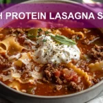 HIGH PROTEIN LASAGNA SOUP overhead bowl with reginetti, warm broth, pressed tomatoes, grated cheese