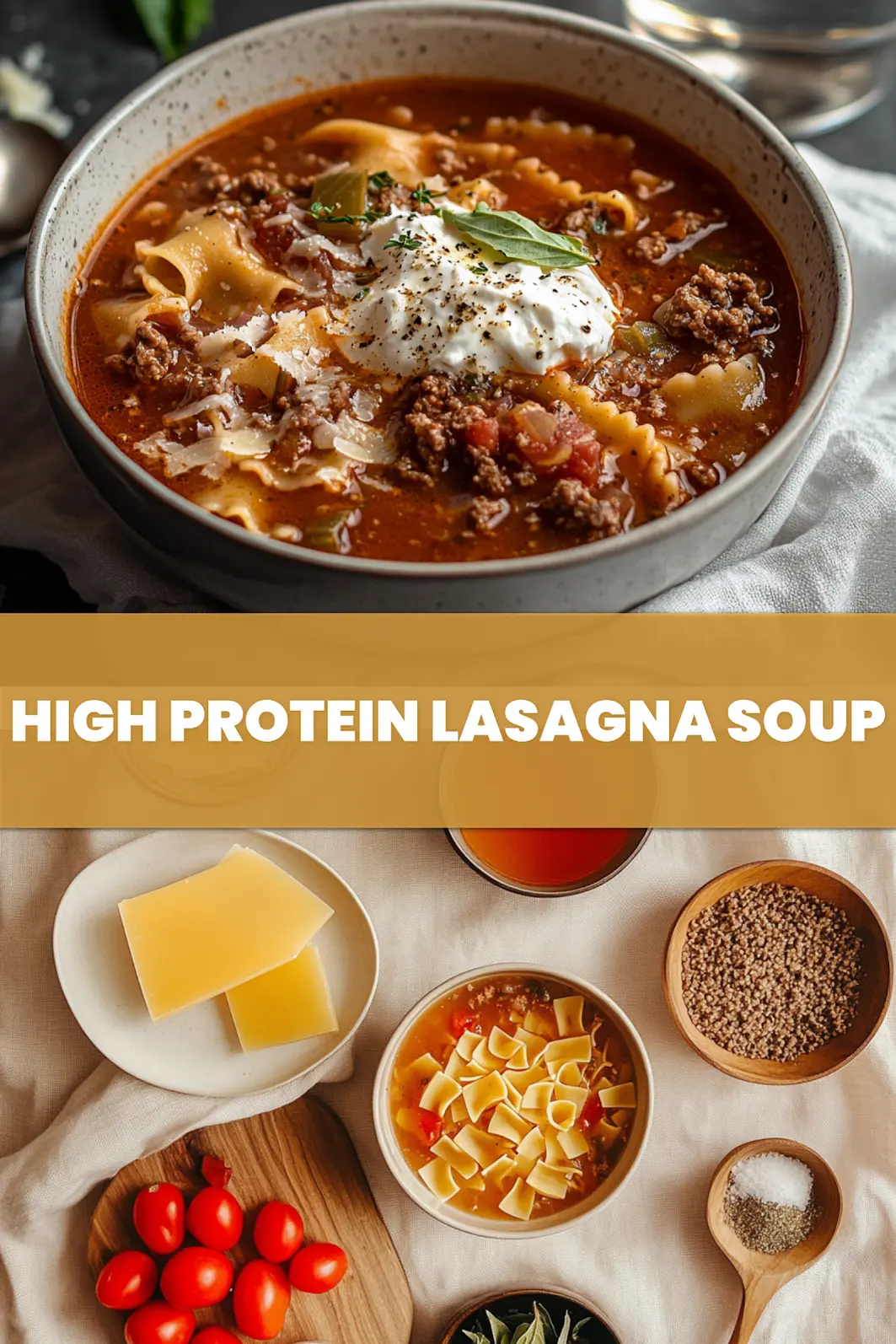 High Protein Lasagna Soup: Easy Cozy Comfort Food 6 HIGH PROTEIN LASAGNA SOUP overhead bowl with reginetti, warm broth, pressed tomatoes, grated cheese_pin