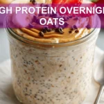 HIGH PROTEIN OVERNIGHT OATS creamy jar with strawberries banana peanut butter and chocolate chips