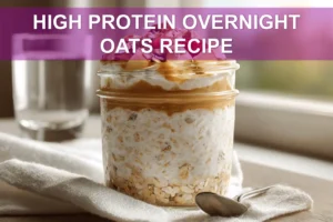 High-Protein Overnight Oats Recipe: Deliciously Easy HIGH PROTEIN OVERNIGHT OATS RECIPE creamy jar with berries and coconut warm natural light