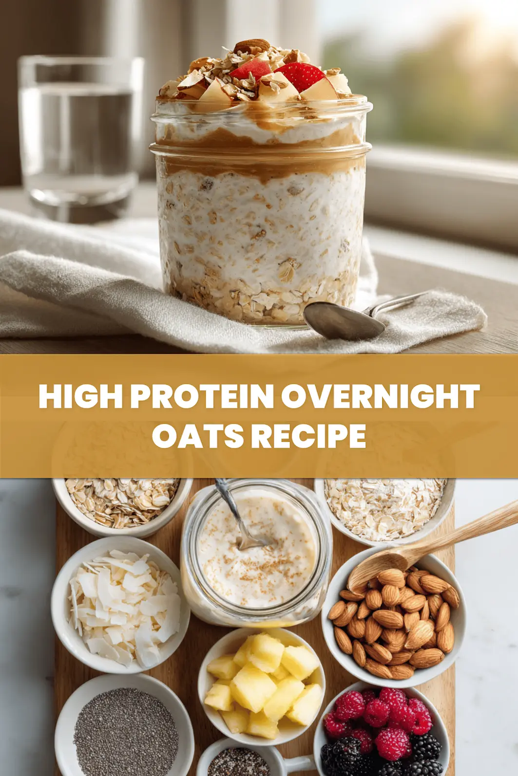 High-Protein Overnight Oats Recipe: Deliciously Easy 6 HIGH PROTEIN OVERNIGHT OATS RECIPE creamy jar with berries and coconut warm natural light_pin