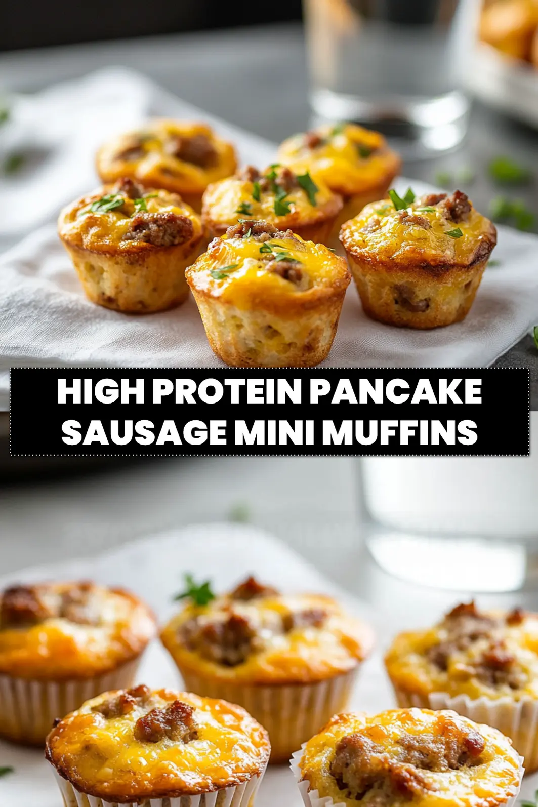 HIGH PROTEIN PANCAKE SAUSAGE MINI MUFFINS golden cheesy savory mini muffins_pin
