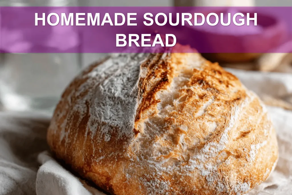 HOMEMADE SOURDOUGH BREAD golden crust loaf on white cloth with starter and glass of water