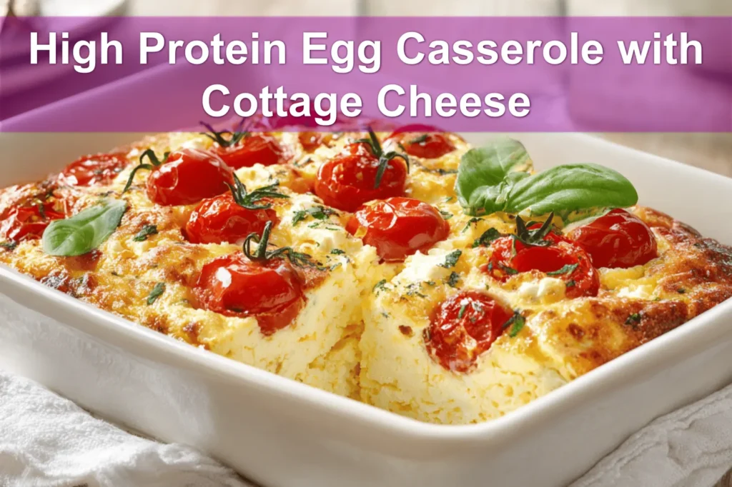 High Protein Egg Casserole with Cottage Cheese baked golden topped with cherry tomatoes and basil