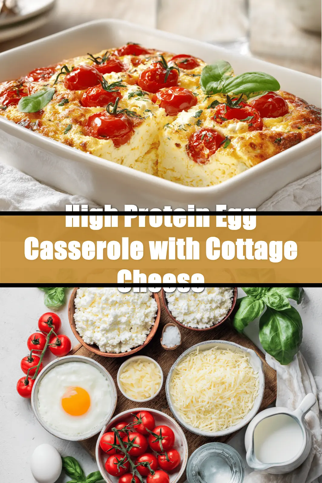 High Protein Egg Casserole with Cottage Cheese baked golden topped with cherry tomatoes and basil_pin
