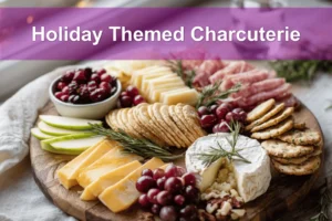 Holiday Themed Charcuterie board with salami prosciutto aged cheddar brie grapes apples and herbs