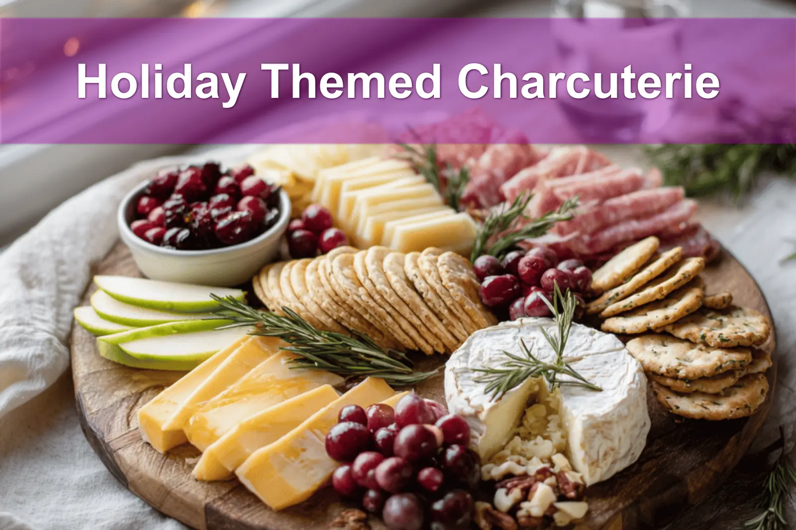 Holiday Themed Charcuterie board with salami prosciutto aged cheddar brie grapes apples and herbs