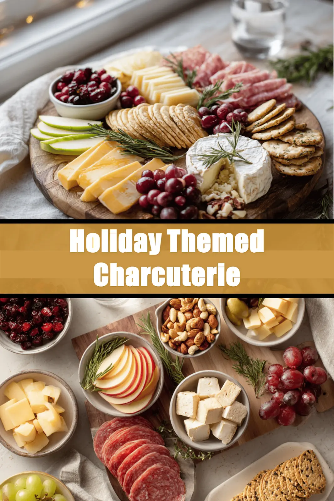 Holiday Themed Charcuterie board with salami prosciutto aged cheddar brie grapes apples and herbs_pin