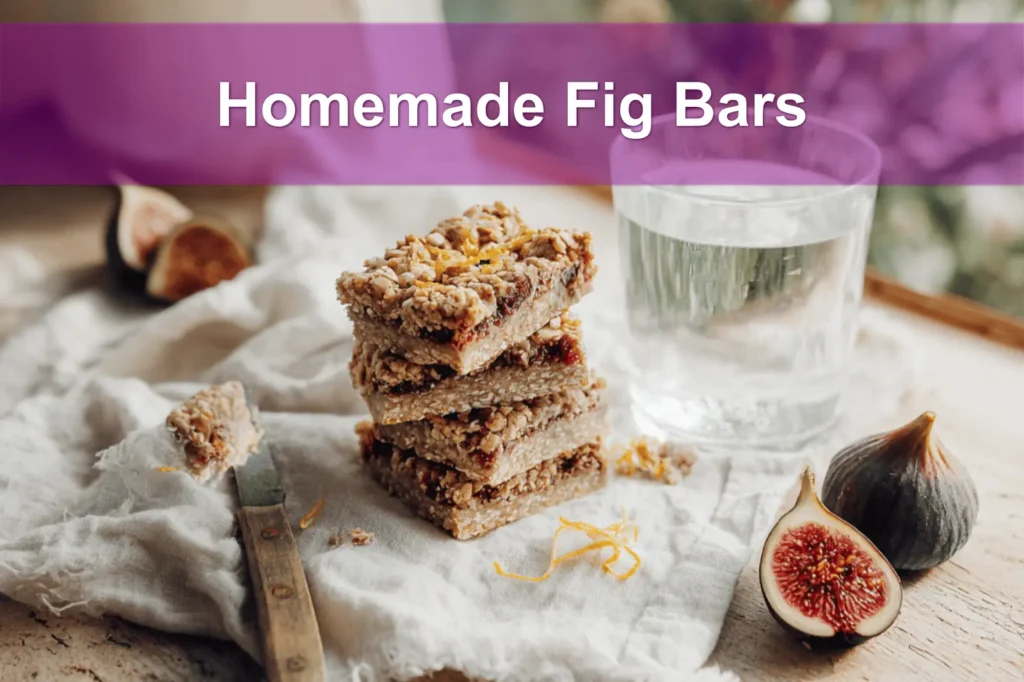 Homemade Fig Bars golden oat crust with fig jam filling styled on white cloth beside water