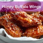 Honey Buffalo Wings on white cloth with clear water glass warm golden glaze and seasoning