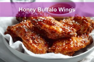 Honey Buffalo Wings on white cloth with clear water glass warm golden glaze and seasoning
