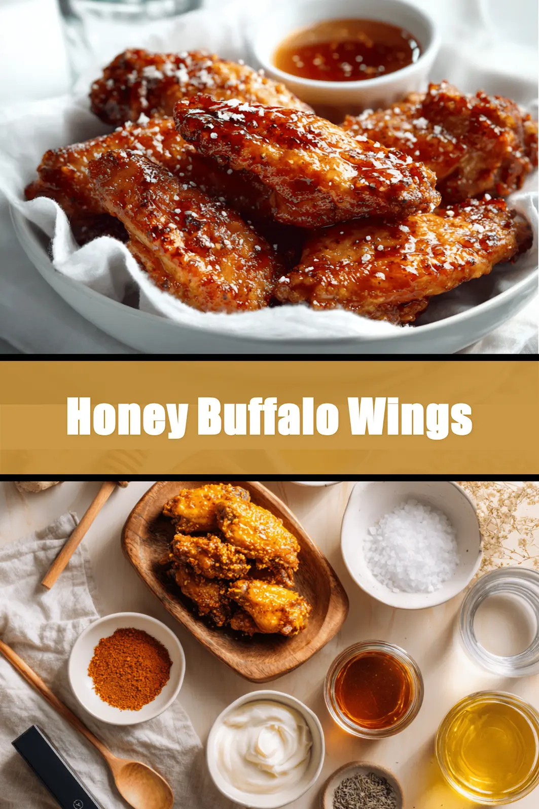 Honey Buffalo Wings on white cloth with clear water glass warm golden glaze and seasoning_pin