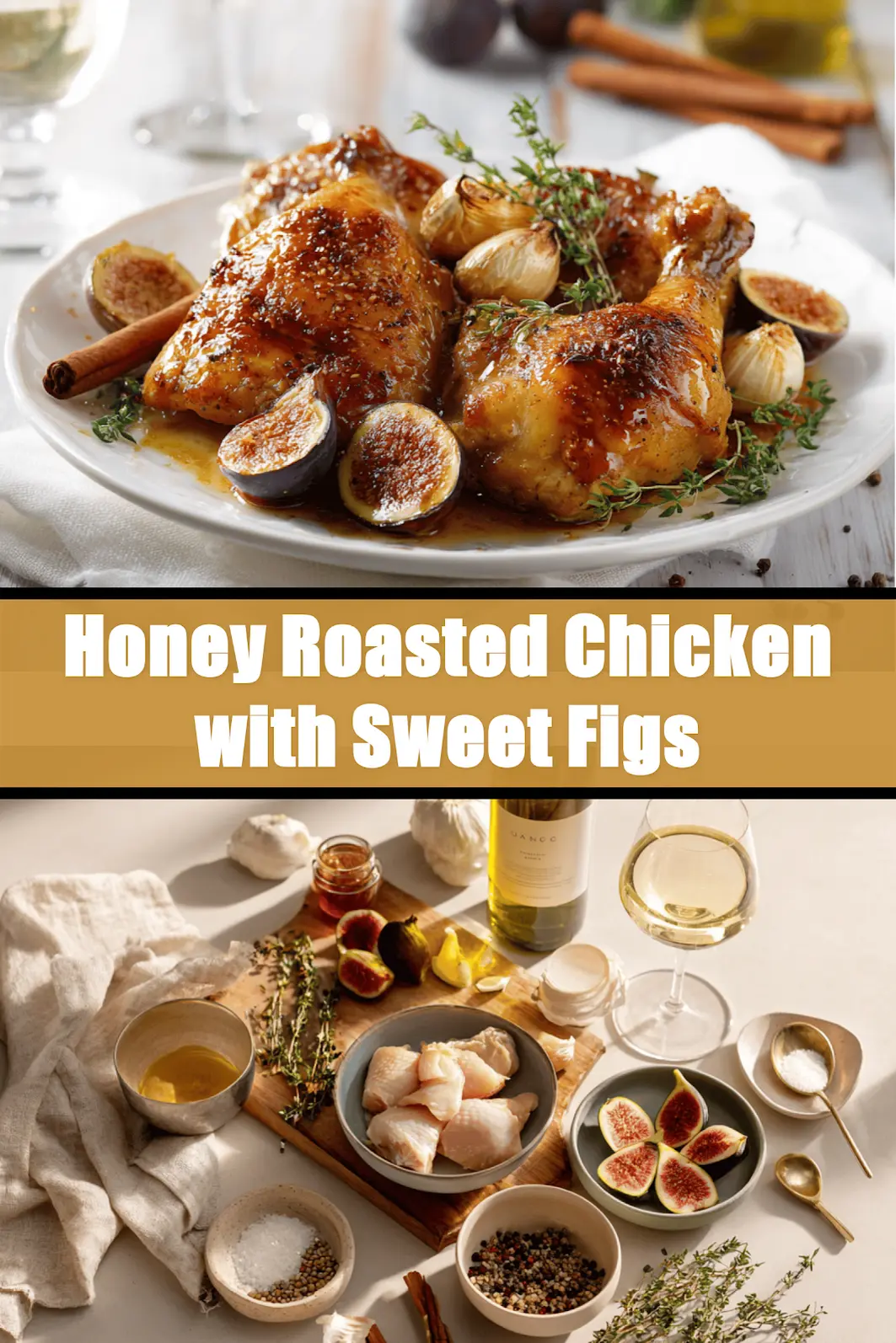 Honey Roasted Chicken with Sweet Figs plated on white cloth napkin with figs and honey jar_pin