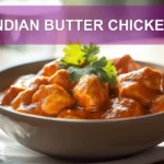 INDIAN BUTTER CHICKEN bowl on white napkin with warm sauce and glass of water