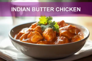 Indian Butter Chicken: Easy and Delicious Recipe INDIAN BUTTER CHICKEN bowl on white napkin with warm sauce and glass of water