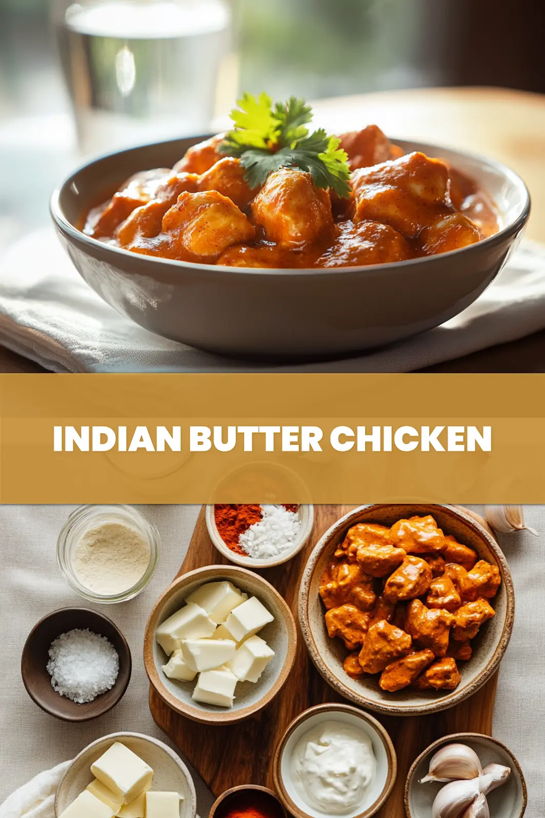 Indian Butter Chicken: Easy and Delicious Recipe 6 INDIAN BUTTER CHICKEN bowl on white napkin with warm sauce and glass of water_pin