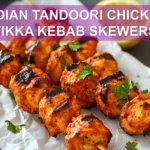 INDIAN TANDOORI CHICKEN TIKKA KEBAB SKEWERS on skewers with lemon halves and fresh herbs