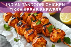 INDIAN TANDOORI CHICKEN TIKKA KEBAB SKEWERS on skewers with lemon halves and fresh herbs