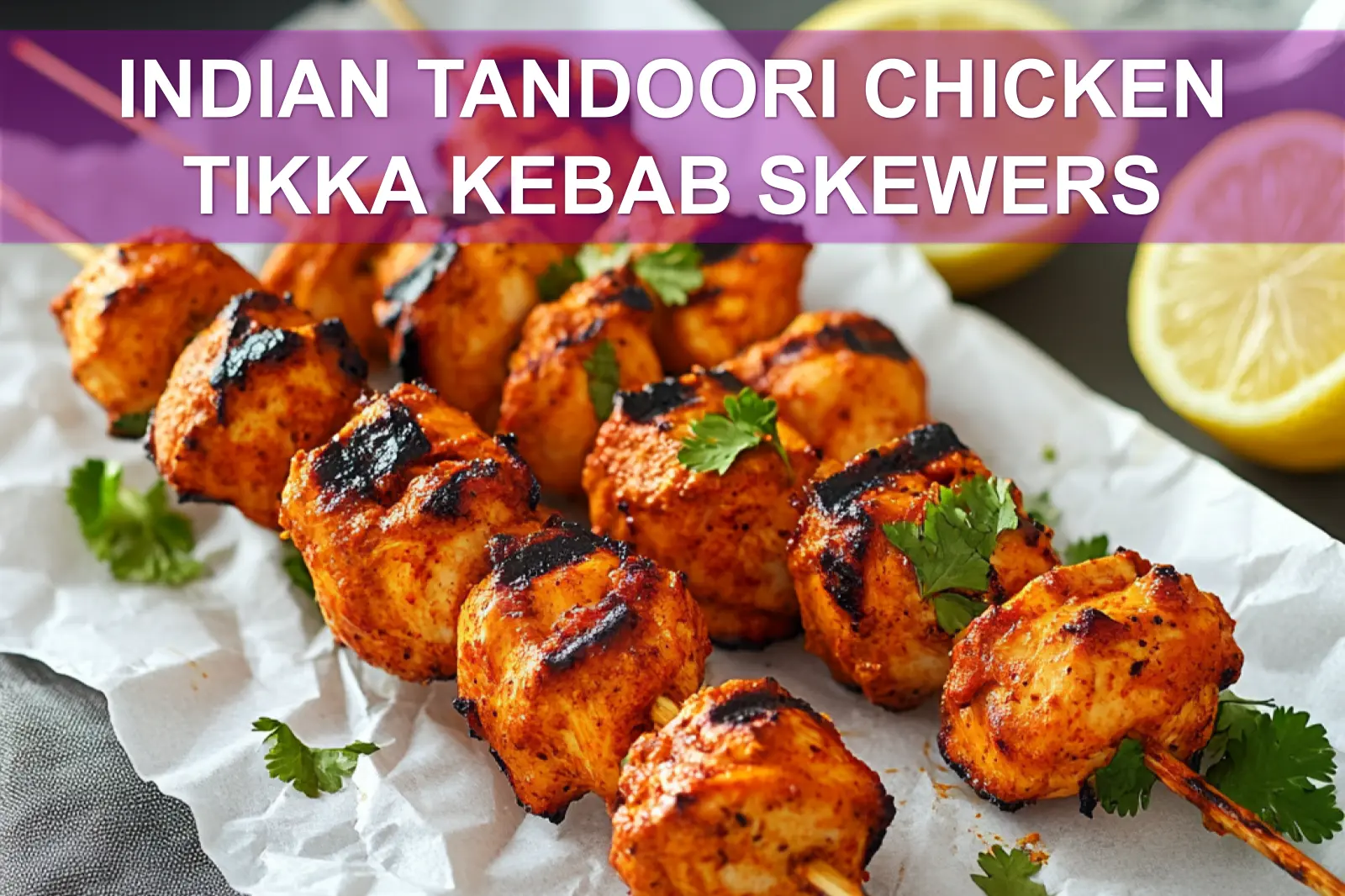 INDIAN TANDOORI CHICKEN TIKKA KEBAB SKEWERS on skewers with lemon halves and fresh herbs