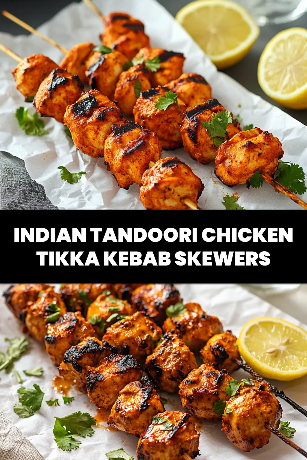 Indian Tandoori Chicken Tikka Kebab Skewers: Easy and Delicious Recipe 6 INDIAN TANDOORI CHICKEN TIKKA KEBAB SKEWERS on skewers with lemon halves and fresh herbs_pin