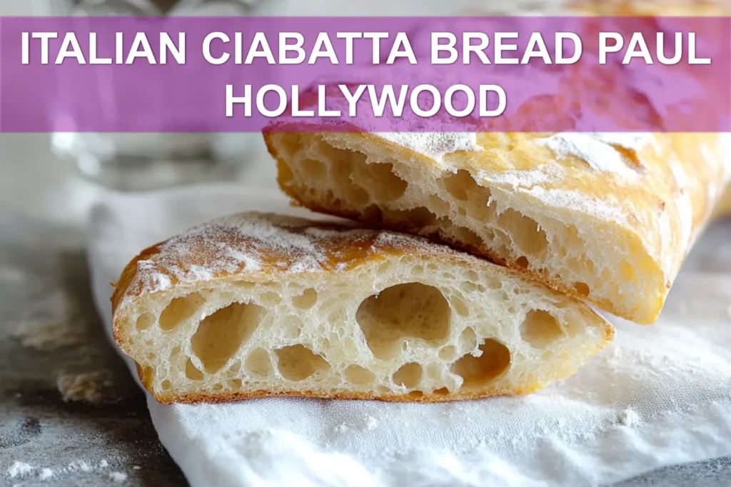 ITALIAN CIABATTA BREAD PAUL HOLLYWOOD rustic torn loaf on white napkin with glass of water