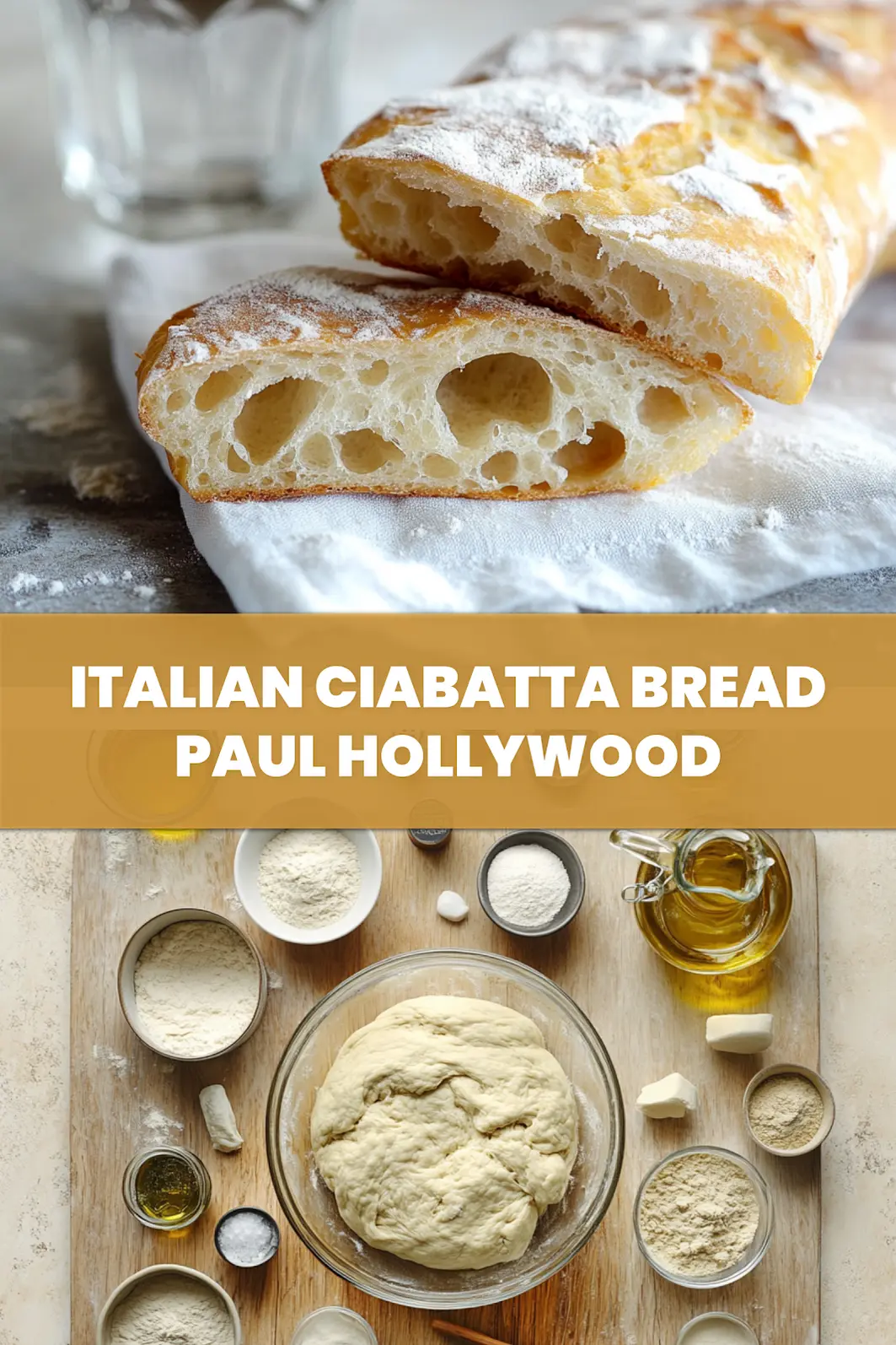 Italian Ciabatta Bread Paul Hollywood: Simple Delicious Recipe 6 ITALIAN CIABATTA BREAD PAUL HOLLYWOOD rustic torn loaf on white napkin with glass of water_pin